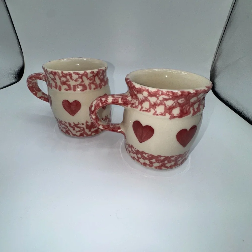 FP Friendship Pottery Roseville USA Plates Bowls Mugs Pink Spongeware Heart‎ 8PC